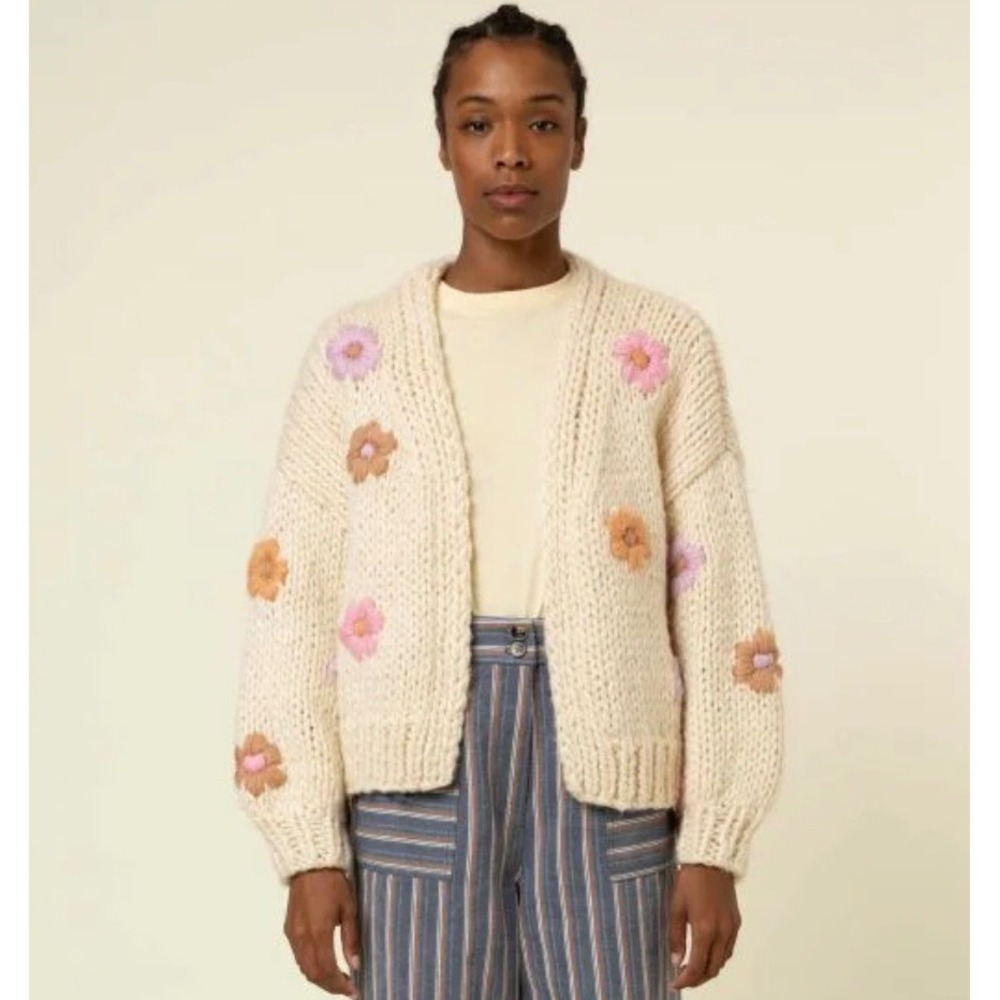 FRNCH Paris Cottagecore Feminine Embroidered Chunky Knit Taya Cardigan Cream